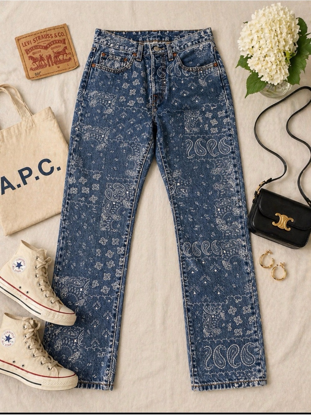 Levi’s 501 Paisley Print Jeans W27 L30 Straight Leg Bandana Denim